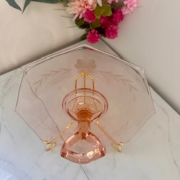 Vintage Pink‎ Depression Glass Octagonal Platter with Etched Cornflower Design - Picture 4 of 6